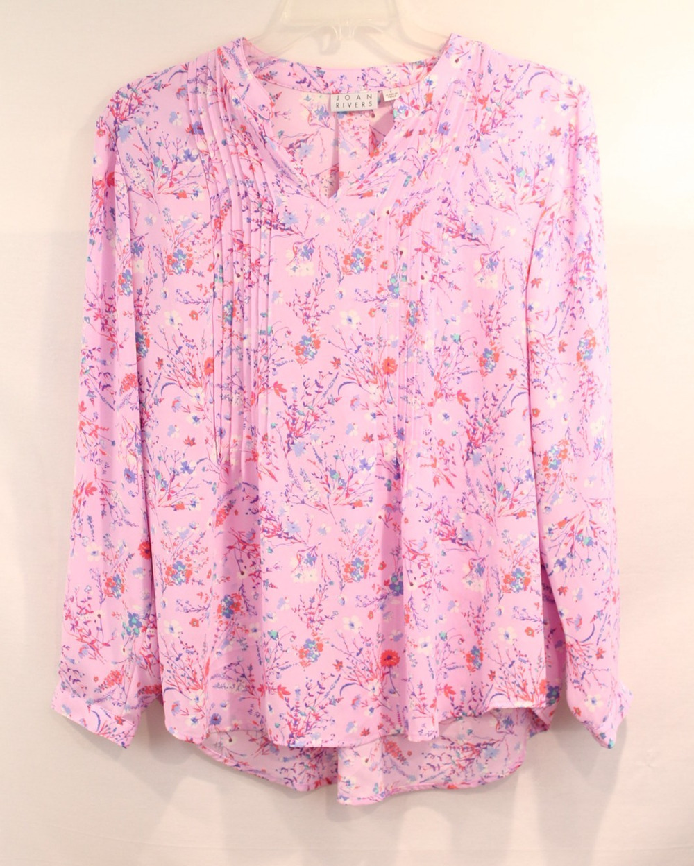 Joan Rivers Floral Pintuck Tunic Top Womens size L Pink V-Neck Long Sleeves